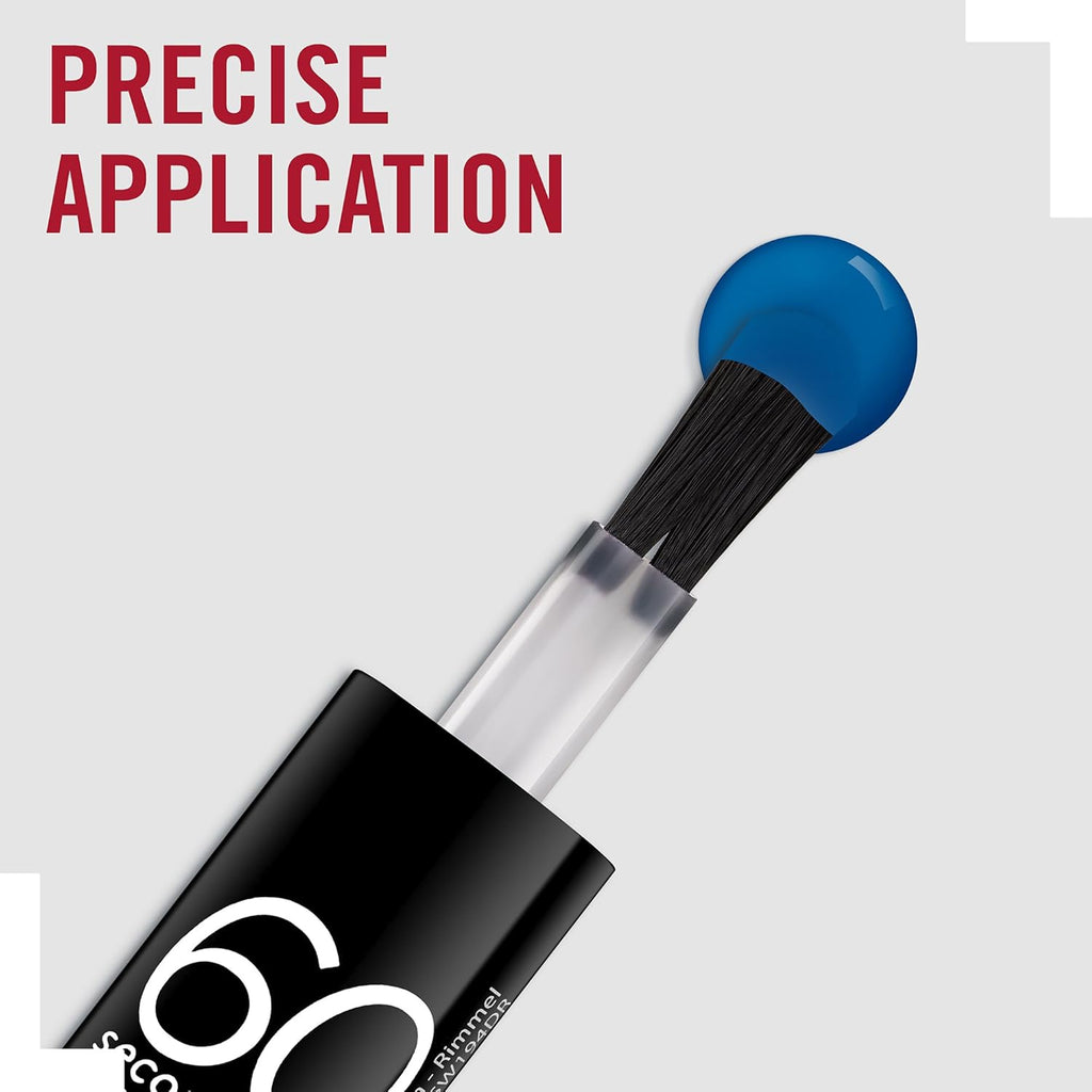 Close-up of Rimmel London 60 Seconds Super Shine Nail Polish 815 Azure brush applicator with blue polish drop