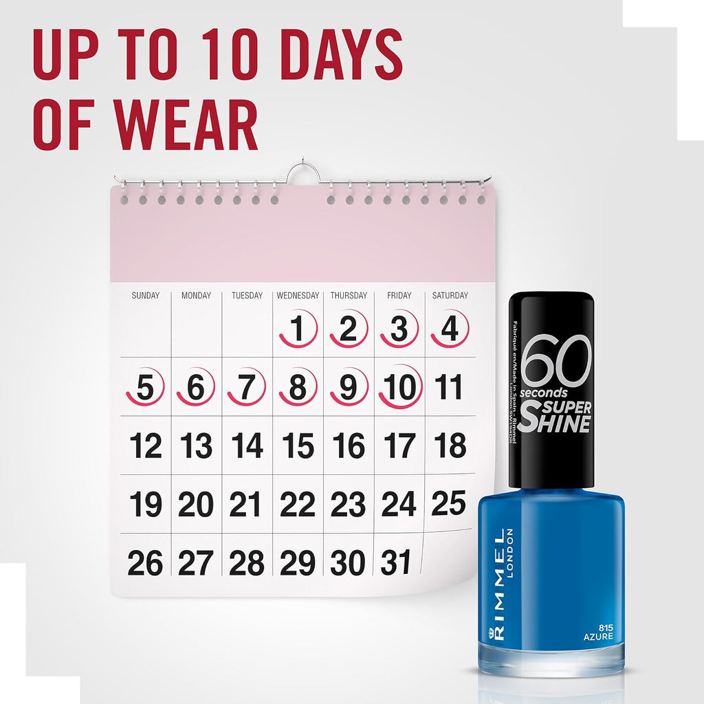 Rimmel London 815 Azure nail polish next to calendar highlighting up to 10 days of wear