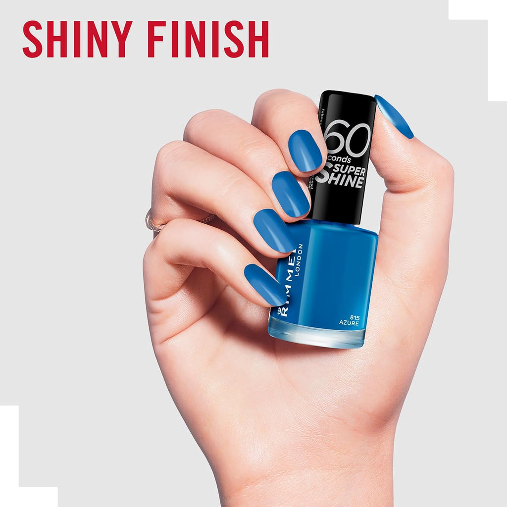 Hand model wearing Rimmel 815 Azure nail polish, showcasing shiny and bold royal blue finish