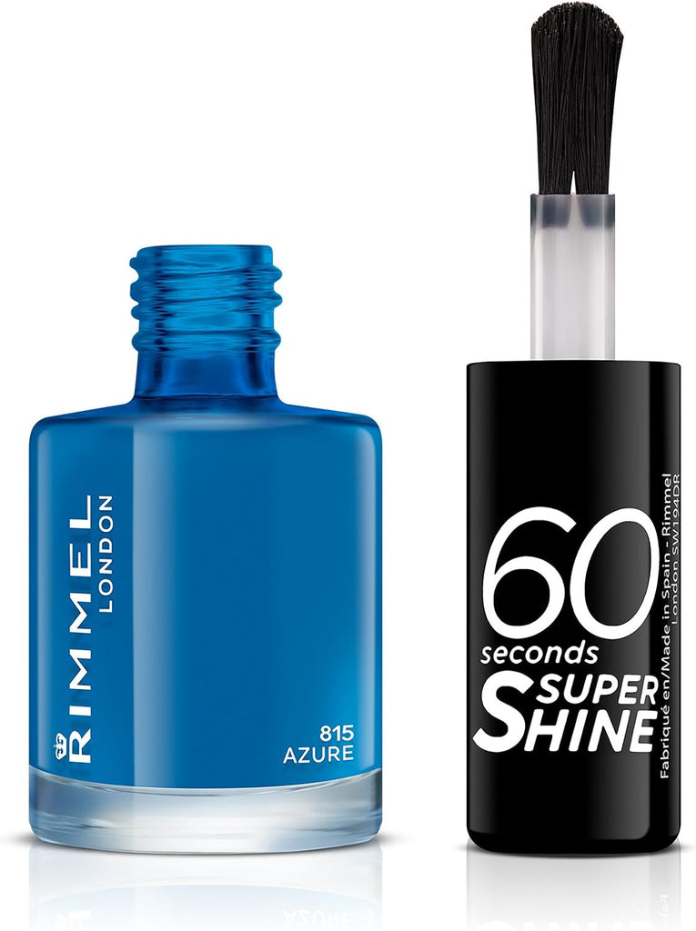 Open bottle of Rimmel London 60 Seconds Super Shine Nail Polish 815 Azure showing applicator brush with bold blue polish