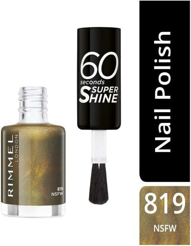 Rimmel London 60 Seconds Super Shine Nail Polish 819 NSFW metallic olive green with golden shimmer in bottle with black cap