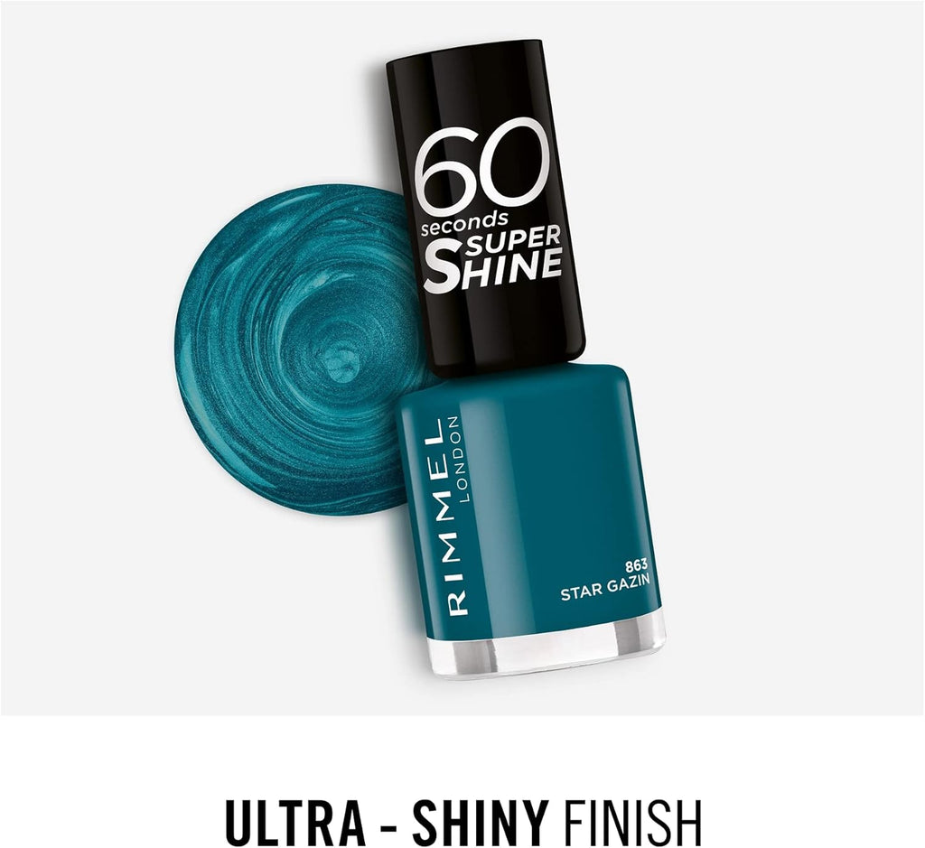 Rimmel 60 Seconds Super Shine Nail Polish 863 Star Gazin flat lay with polish swirl showcasing ultra-shiny teal finish