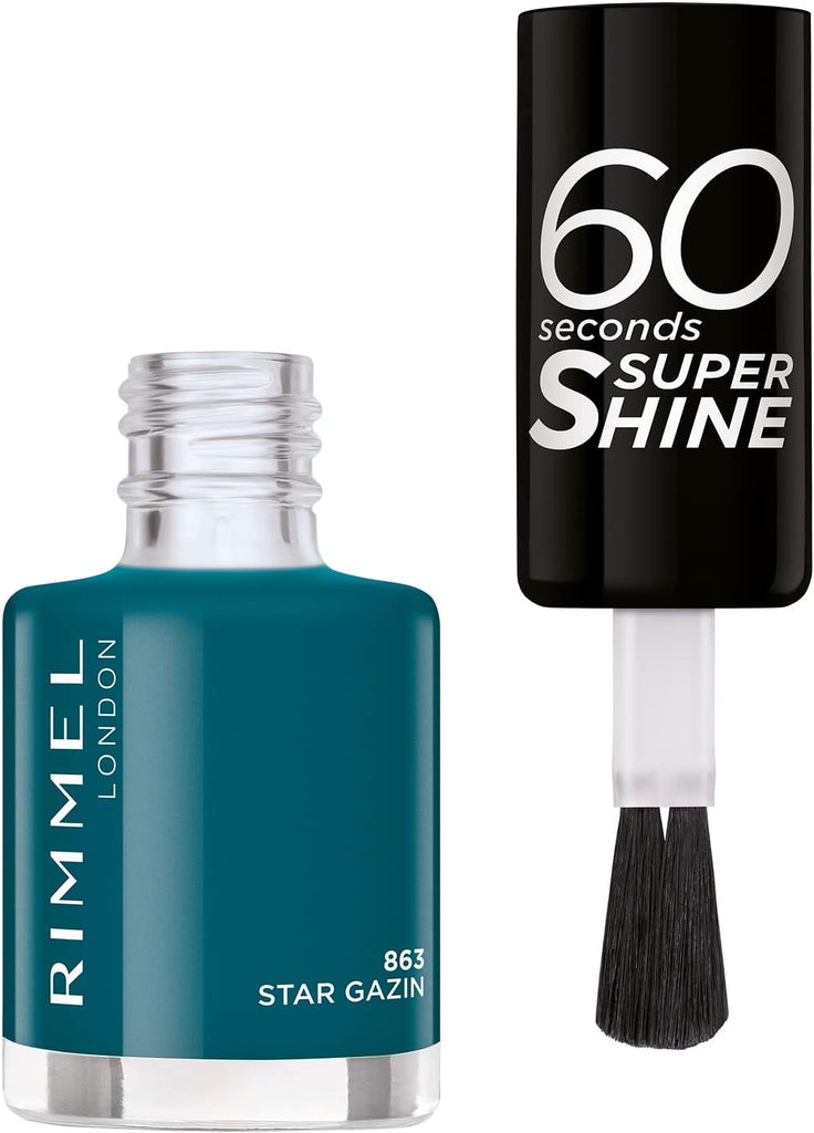 Rimmel 60 Seconds Super Shine 863 Star Gazin open bottle with brush showing teal blue shimmer polish