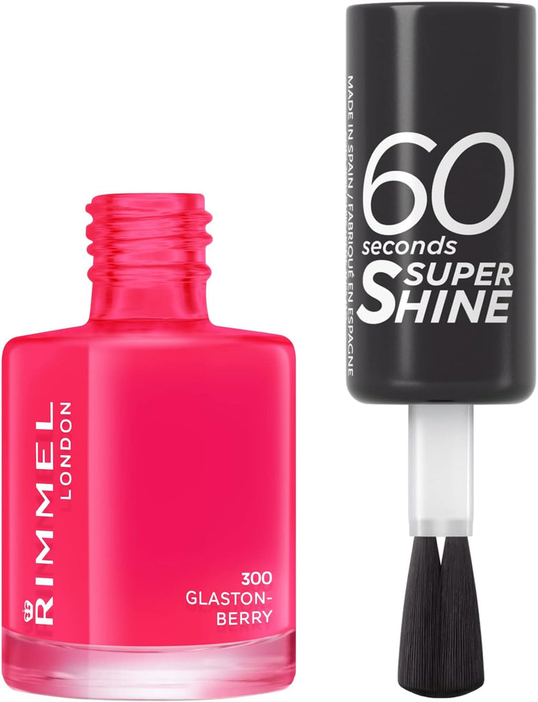 Open bottle of Rimmel 60 Seconds Super Shine Nail Polish 300 Glaston-Berry with brush applicator