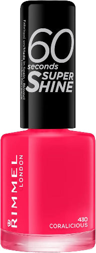 Rimmel 60 Seconds Super Shine Nail Polish bottle in shade 430 Coralicious, bright coral pink