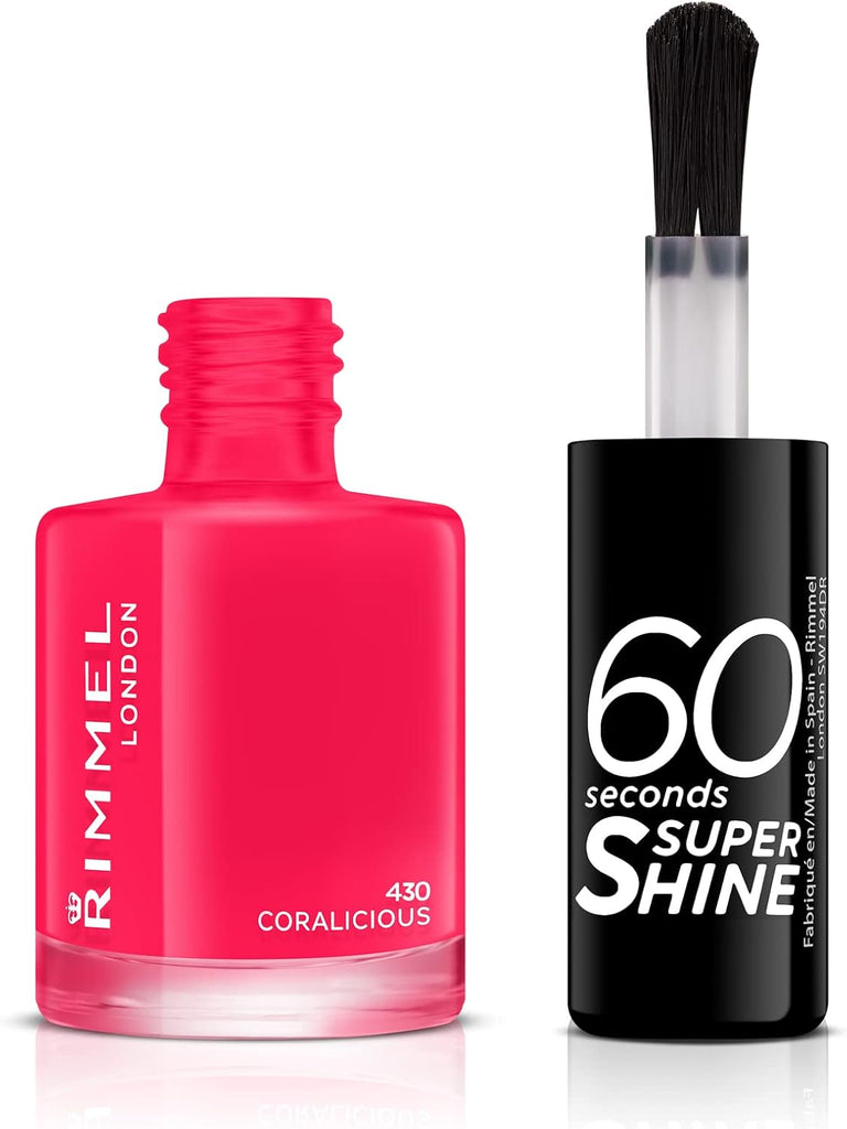Open bottle of Rimmel 60 Seconds Super Shine Nail Polish 430 Coralicious with brush applicator