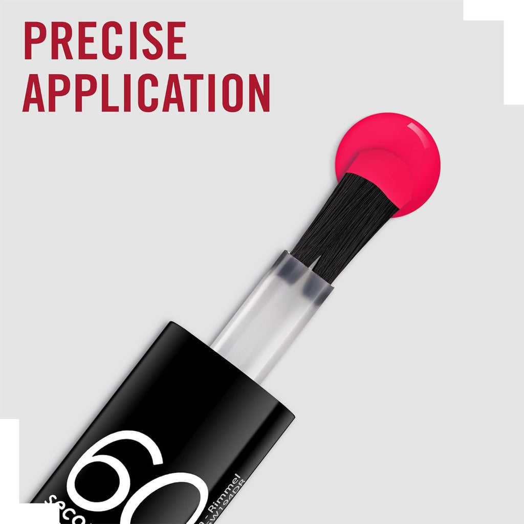 Close-up of brush dipped in Rimmel 430 Coralicious nail polish showing precise application
