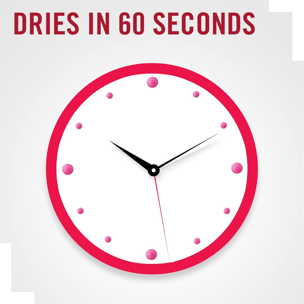 Clock graphic showing Rimmel 60 Seconds Super Shine Nail Polish 430 Coralicious dries in 60 seconds