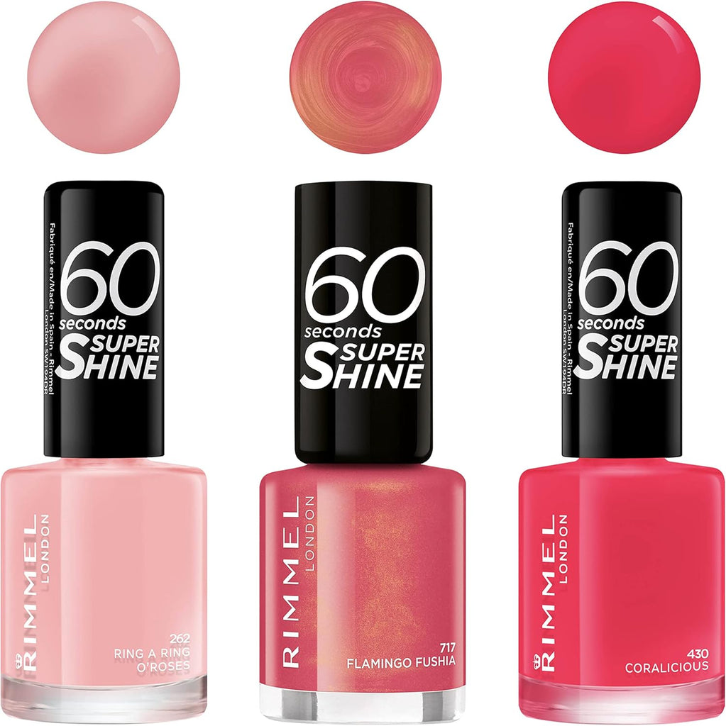 Rimmel nail polish set showing Coralicious shade alongside Ring a Ring O’Roses and Flamingo Fushia