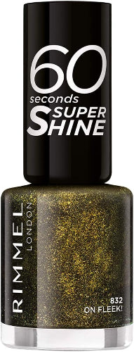 Rimmel 60 Seconds Super Shine Nail Polish 832 On Fleek bottle with glittery olive green finish