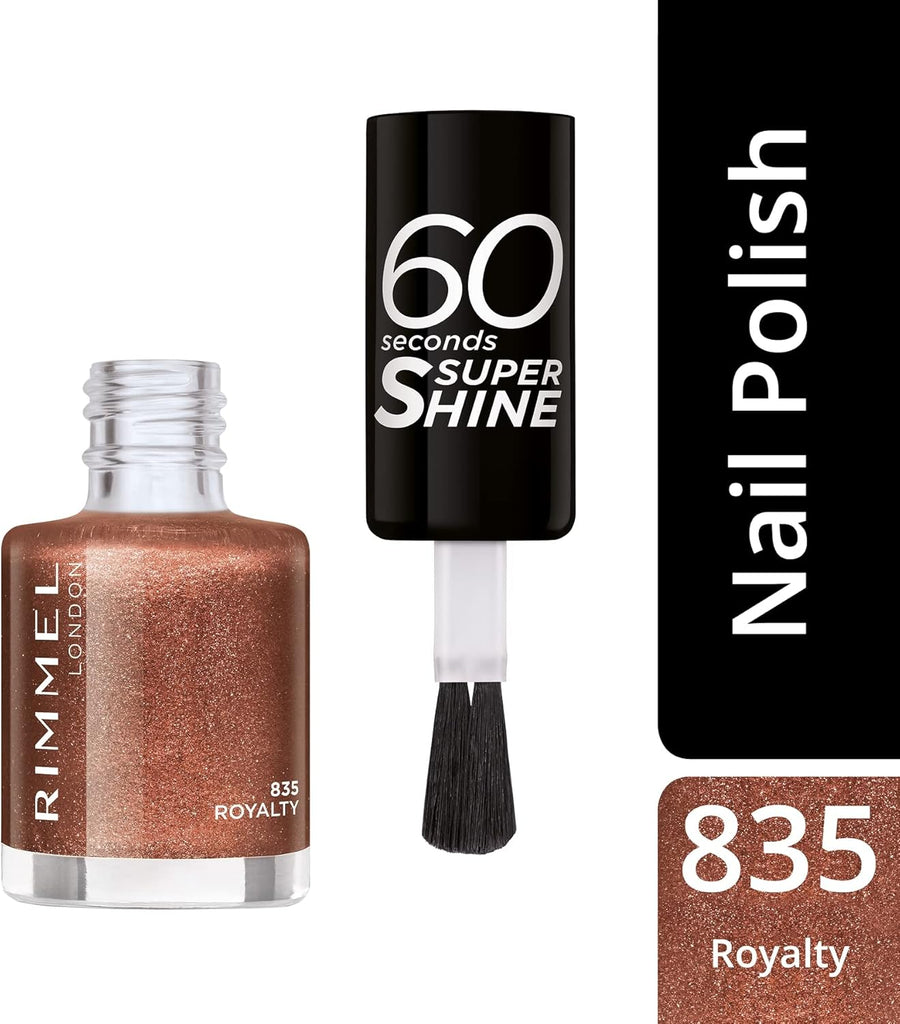 Rimmel 60 Seconds Super Shine Nail Polish 835 Royalty bronze glitter display with brush