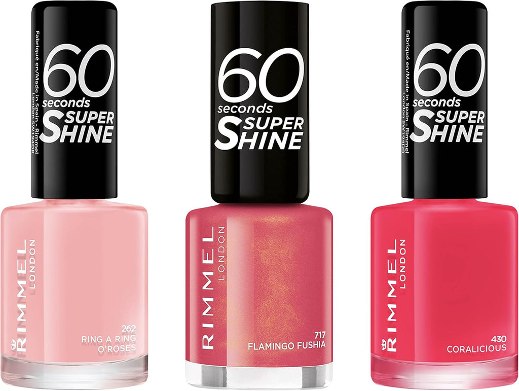 Three-bottle nail polish set featuring Rimmel Coralicious, Flamingo Fushia, and Ring a Ring O’Roses