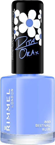 Rimmel 60 Seconds Super Shine by Rita Ora nail polish shade 860 Bestival Blue in bottle with floral cap design