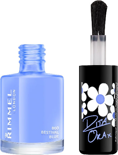 Open bottle of Rimmel 60 Seconds Super Shine Rita Ora 860 Bestival Blue with applicator brush