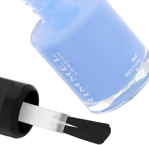 Tilted bottle of Rimmel 60 Seconds Super Shine Rita Ora 860 Bestival Blue showing polish texture and brush