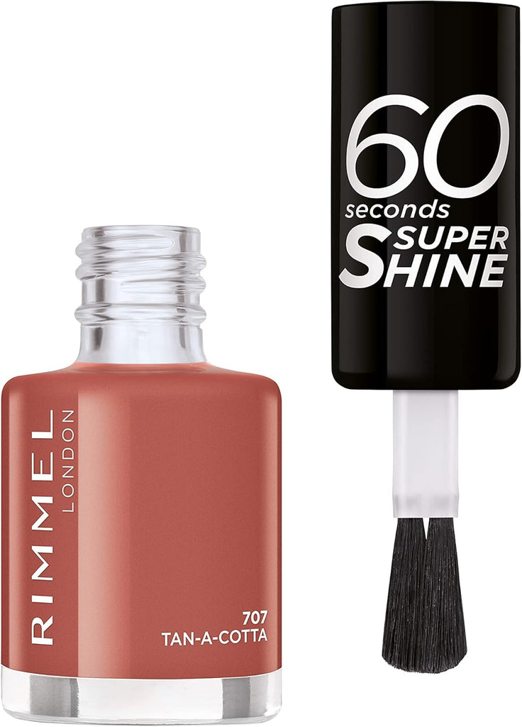 Open bottle of Rimmel 60 Seconds Super Shine Nail Polish 707 Tan-A-Cotta with brush applicator