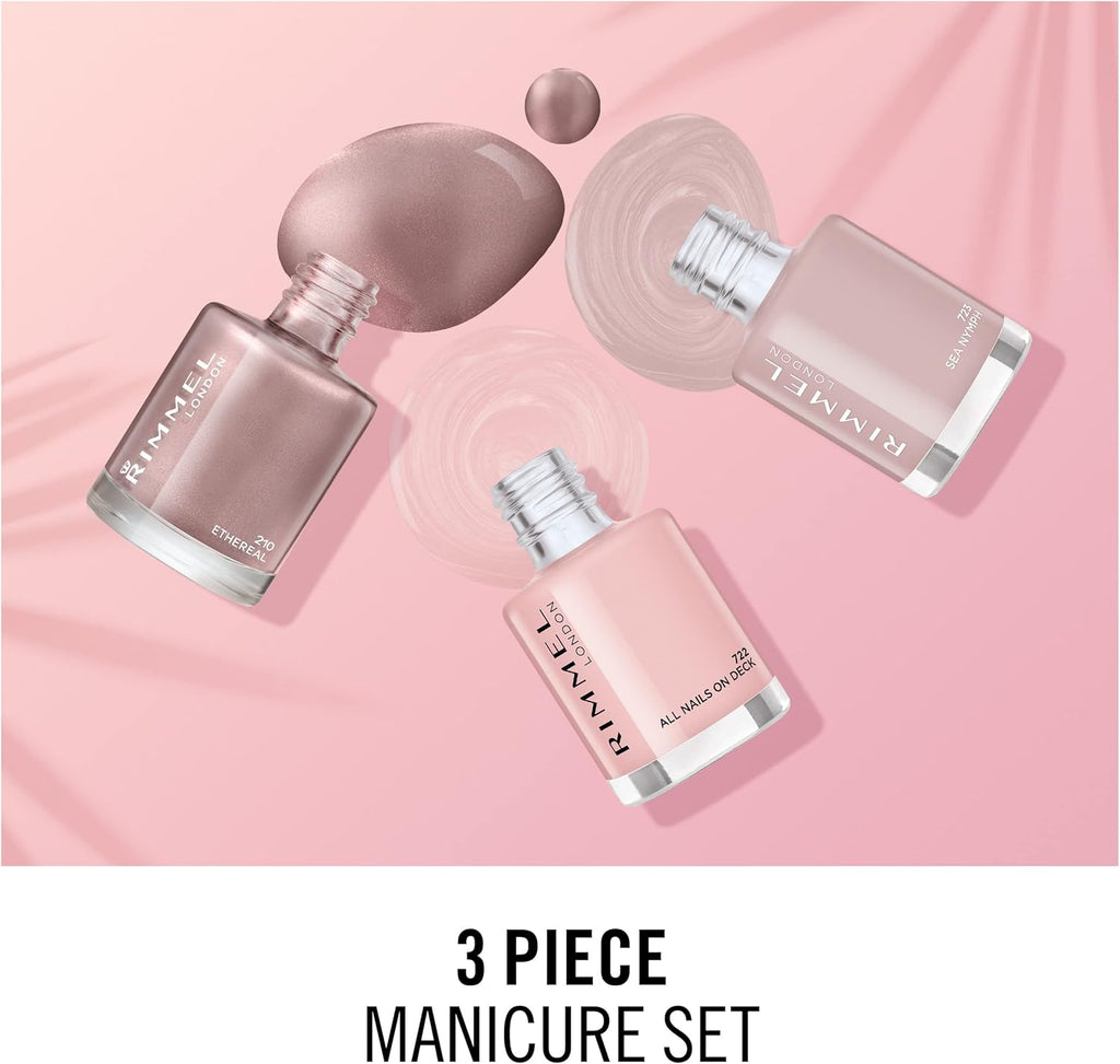Three-piece manicure set including Rimmel 723 Sea Nymph pink polish, 722 pastel pink, 210 shimmery shade