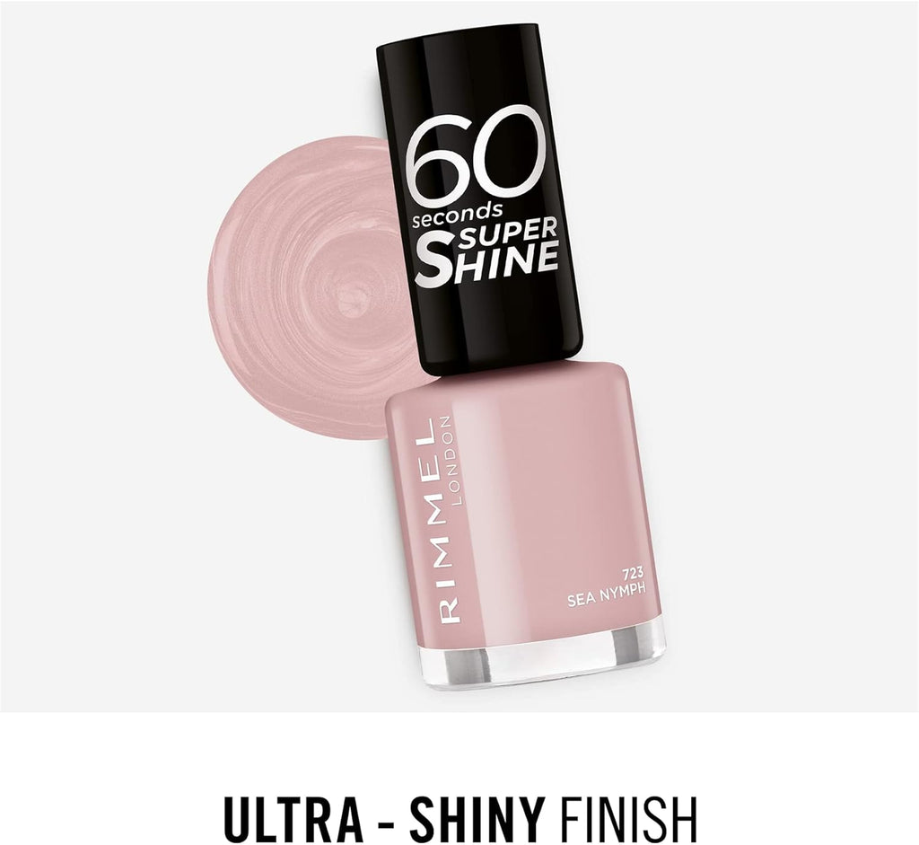 Rimmel 723 Sea Nymph bottle with matching polish swatch – ultra shiny muted pink