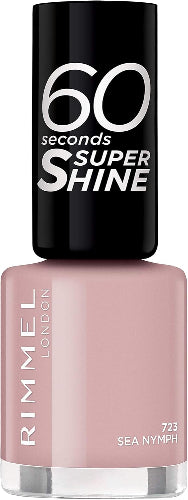 Rimmel 723 Sea Nymph nail polish bottle – soft dusty pink shade with black cap