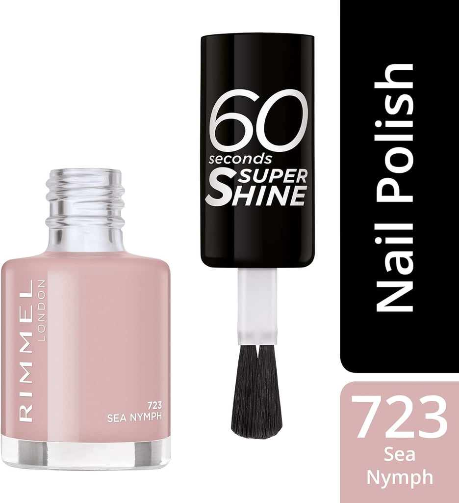 Rimmel 723 Sea Nymph nail polish with brush and text showing shade name – pink neutral polish
