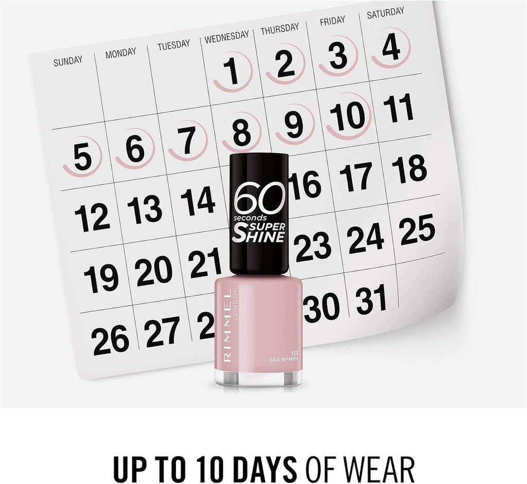 Rimmel 723 Sea Nymph nail polish bottle in front of calendar – long lasting up to 10 days wear