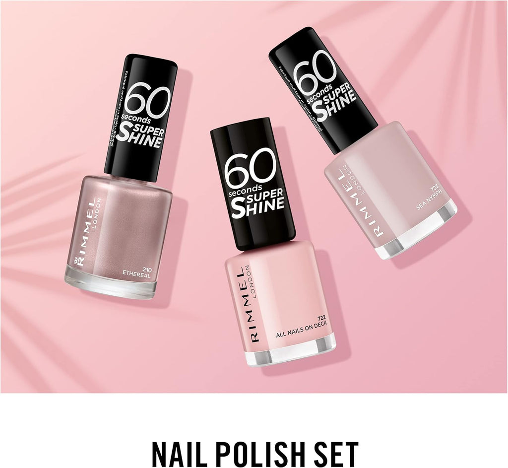 Flatlay of Rimmel 723 Sea Nymph polish with 2 other shades – pink-toned nail polish set