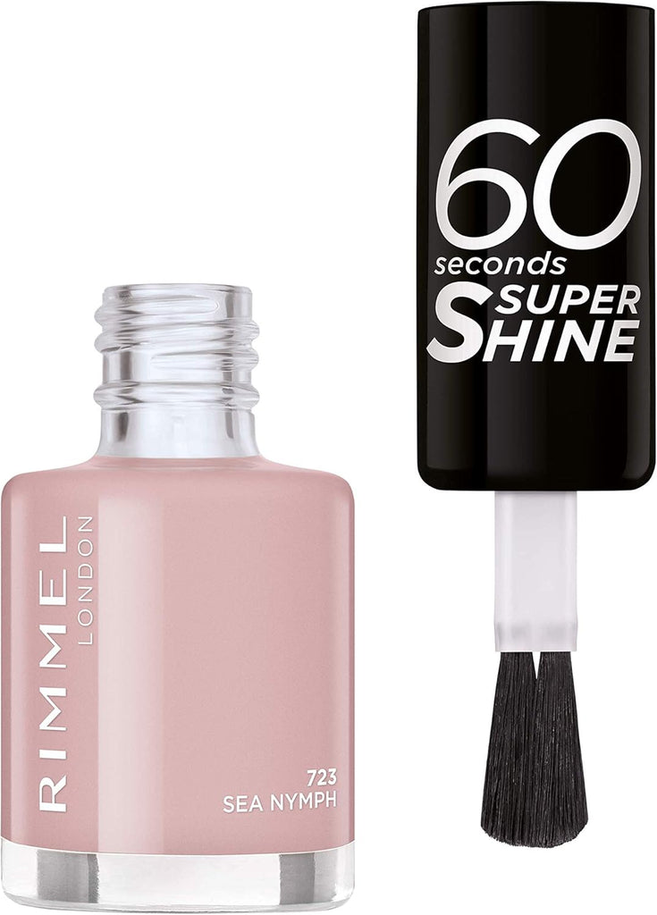 Open bottle of Rimmel 723 Sea Nymph nail polish with brush applicator visible – muted pink polish
