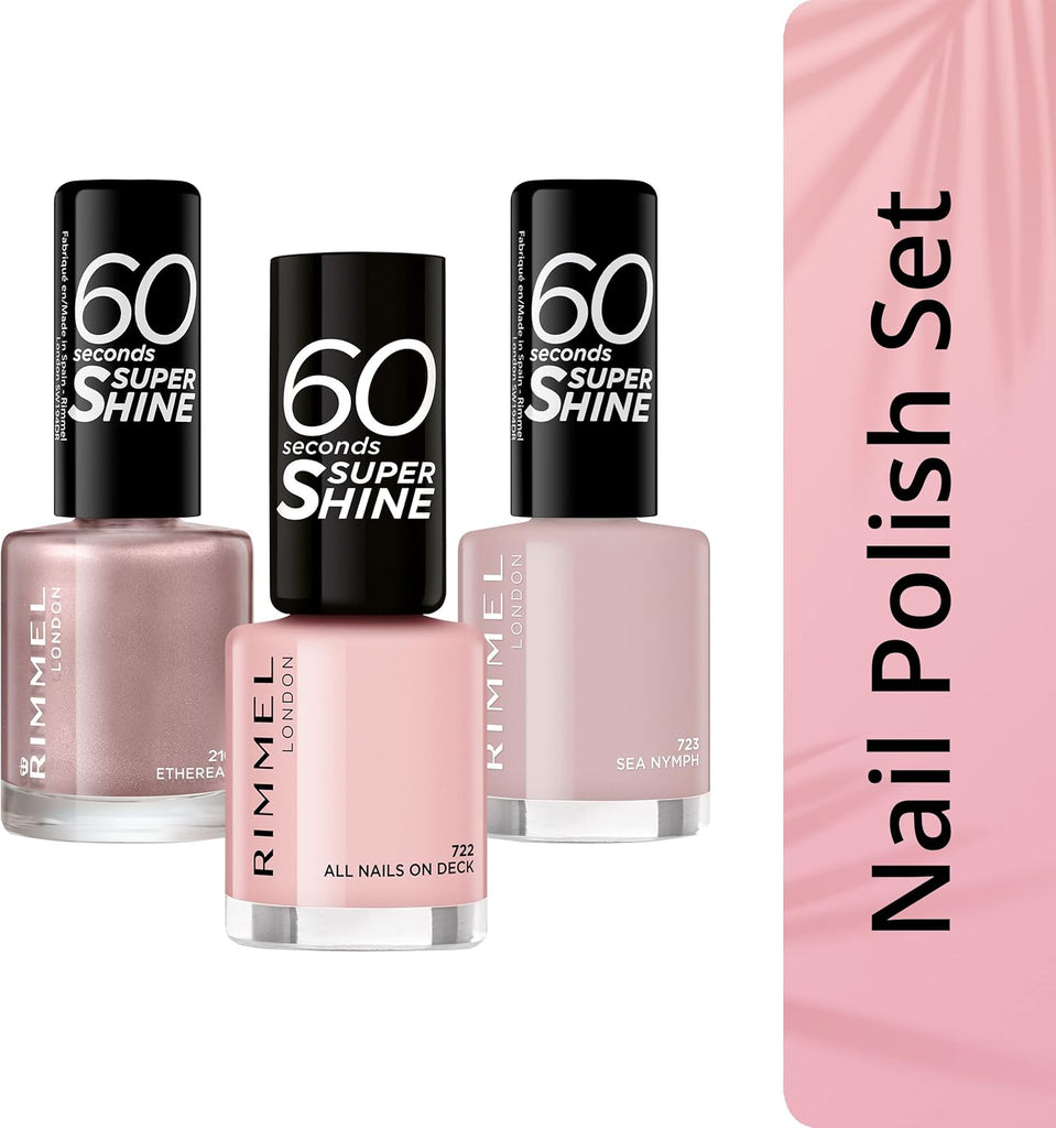 Rimmel nail polish set including 723 Sea Nymph, 722 All Nails on Deck, and 210 Ethereal