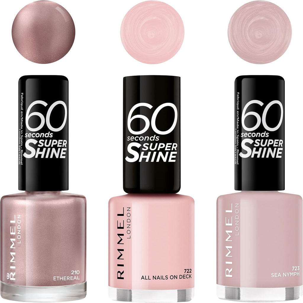 Swatches and bottles of Rimmel polishes – 723 Sea Nymph soft pink, 722 light pink, 210 shimmery mauve