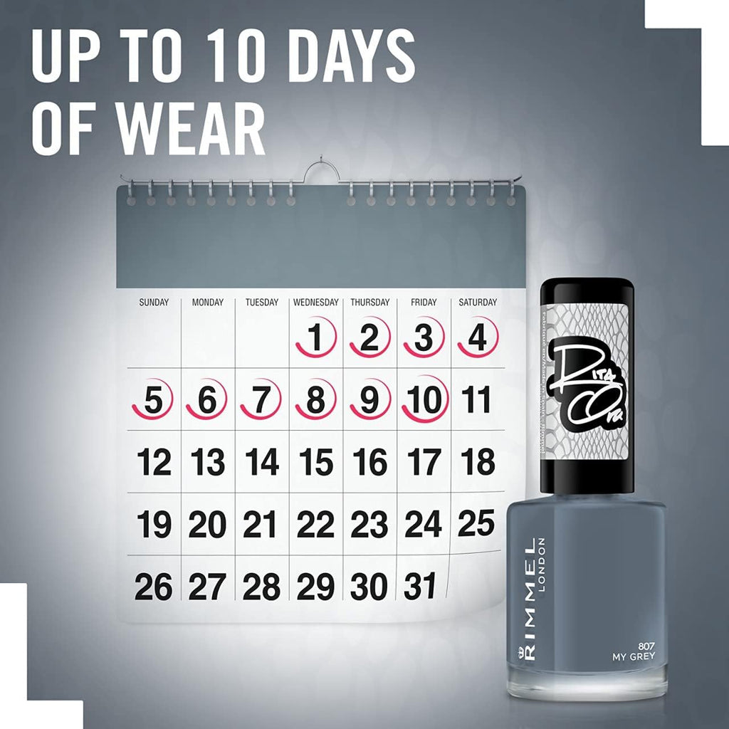 Rimmel 807 My Grey Rita Ora Nail Polish showing long-lasting wear up to 10 days