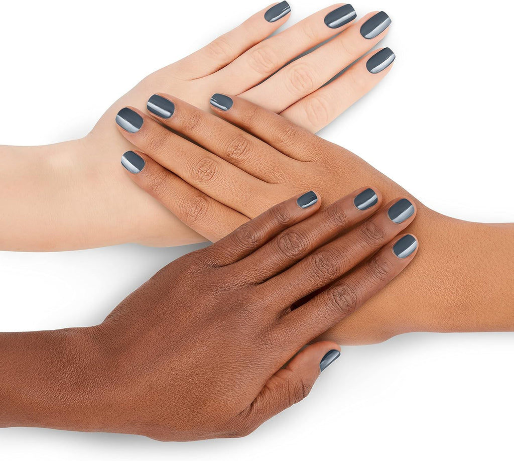 Swatches of Rimmel 807 My Grey Rita Ora Nail Polish shown on multiple skin tones
