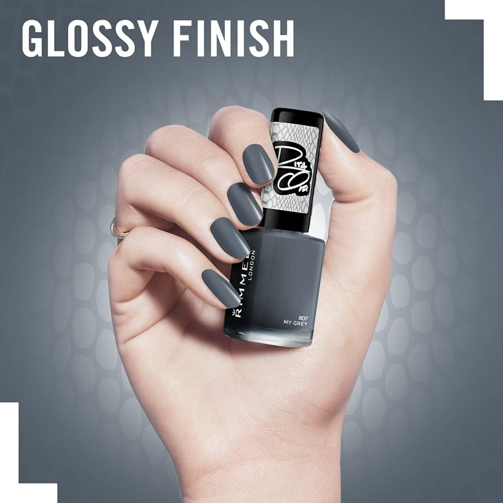 Hand model wearing Rimmel 807 My Grey Rita Ora Nail Polish glossy grey shade