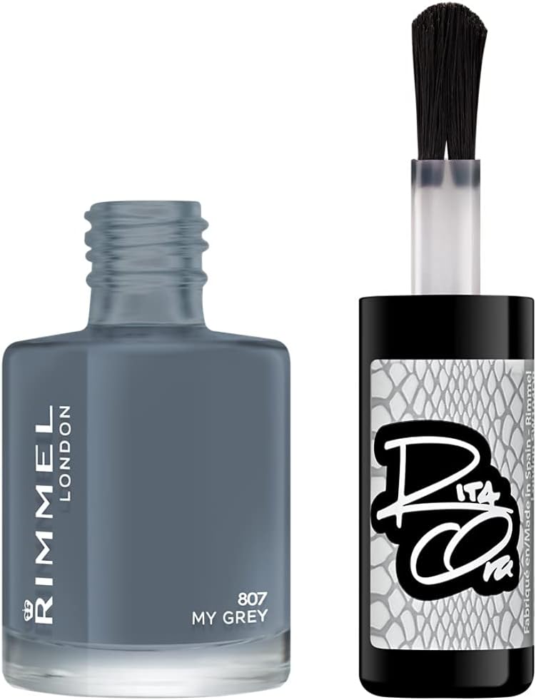 Open bottle of Rimmel 807 My Grey Rita Ora Nail Polish with brush applicator