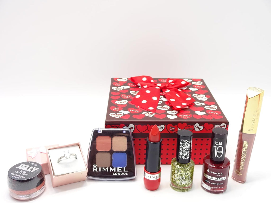 Close-up of the Rimmel London Beauty Gift Box Makeup Items including lipsticks, eyeshadow, and nail polish