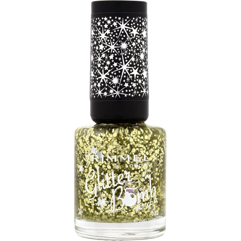 Rimmel Glitter Bomb Top Coat in Bling Thing, a sparkling gold glitter nail polish with a black cap featuring star designs.