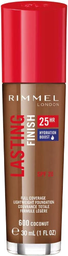Rimmel Lasting Finish 25 Hour Foundation SPF 20 in shade 600 Coconut, full coverage lightweight foundation with hydration boost