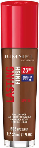 Rimmel Lasting Finish 25 Hour Foundation SPF 20 in shade 605 Hazelnut, deep full coverage lightweight foundation with hydration boost