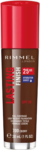 Rimmel London Lasting Finish 25 Hour Foundation 700 Ebony SPF 20 front view 30ml bottle with red cap