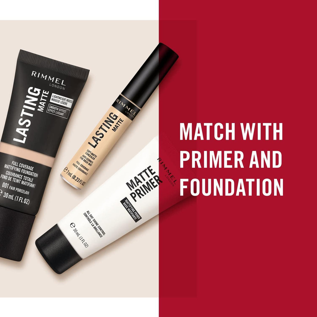 Rimmel Lasting Matte Concealer 030 Sand displayed with matching primer and foundation