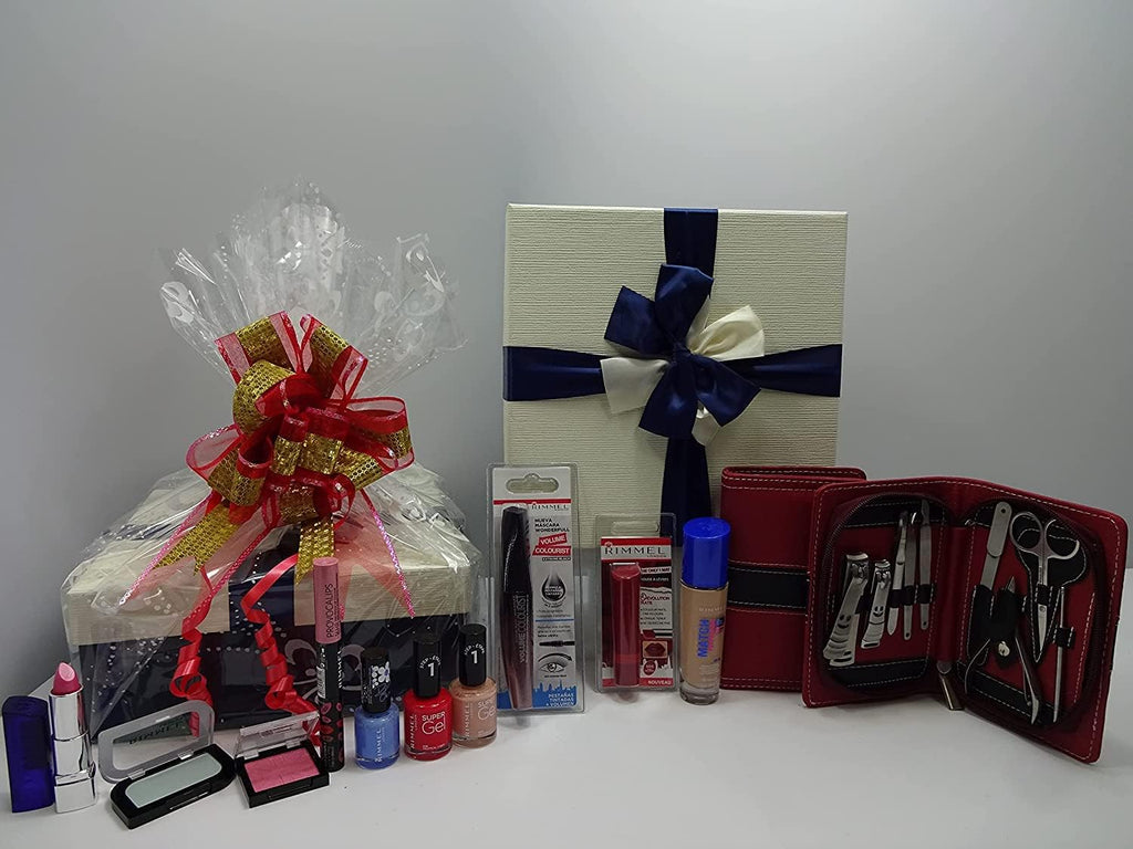 Rimmel London 10pc Beauty Bundle Gift Hamper Display showing makeup and manicure items laid out.

