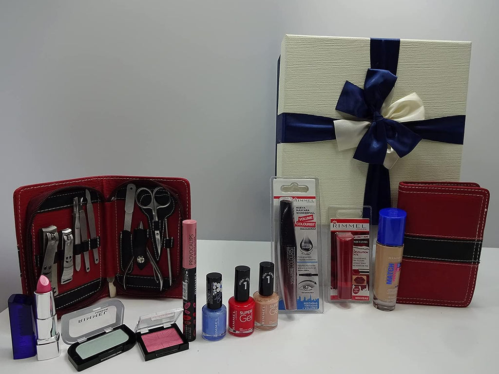 A close-up of the makeup and manicure items inside the gift box from Rimmel London’s 10pc Beauty Bundle.