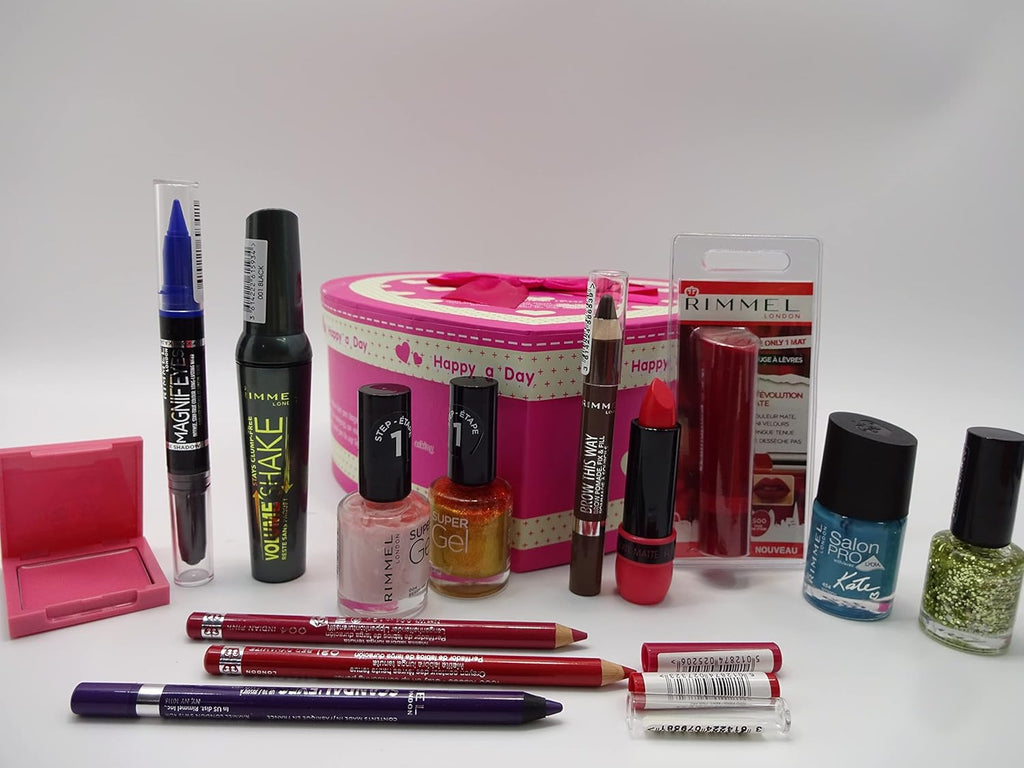 Rimmel London 12pc Make Up Beauty Bundle, featuring a full collection of cosmetics and tools.