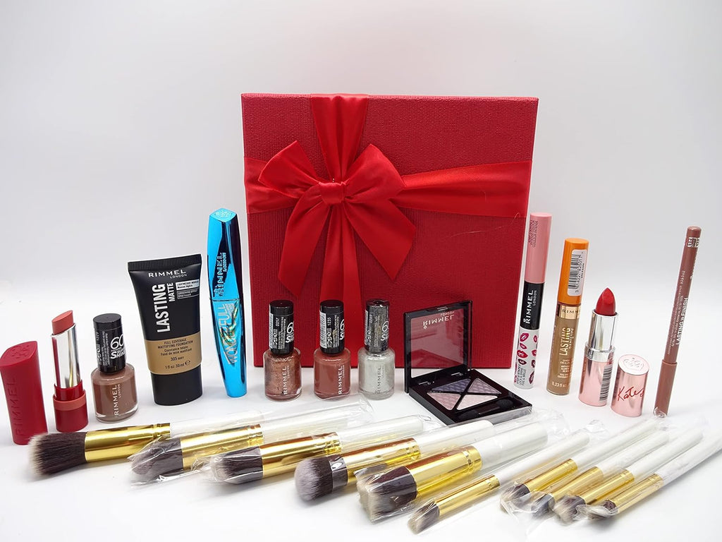 The complete Rimmel London 12-piece makeup gift set, displayed next to the luxurious red gift box with a matching bow.