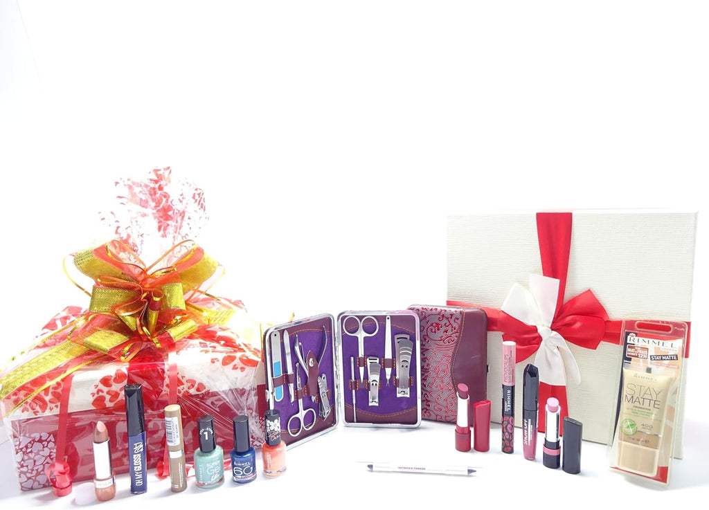 Close-up display of Rimmel London 12pc Make Up Gift Set with manicure set, showcasing the contents and packaging.