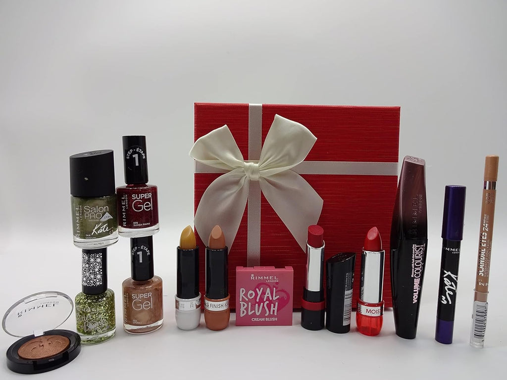 13-piece makeup bundle set including nail polishes, lipsticks, mascara, and more for women, beautifully presented with a red gift box and cream ribbon.