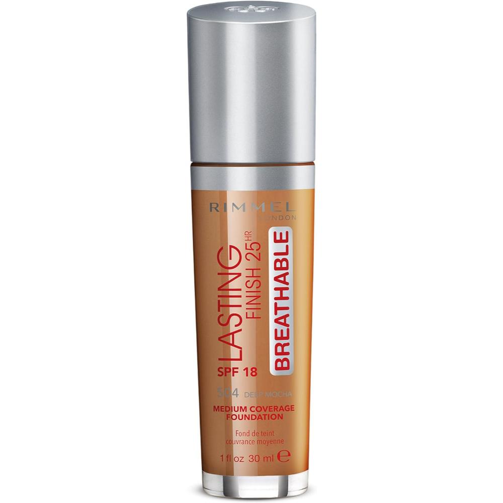 Rimmel Lasting Finish Breathable Foundation in 504 Deep Mocha with SPF 18, 30ml bottle.