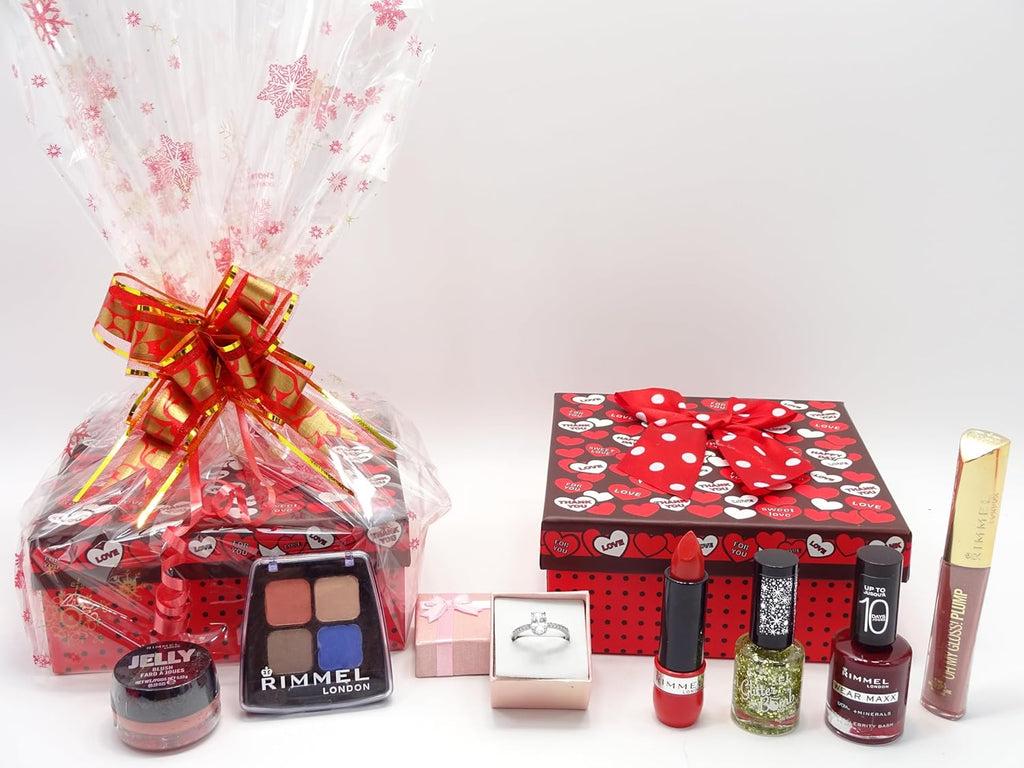 Rimmel London Beauty Gift Box Hamper with a free crystal ring and vibrant makeup products, beautifully wrapped in red and gold