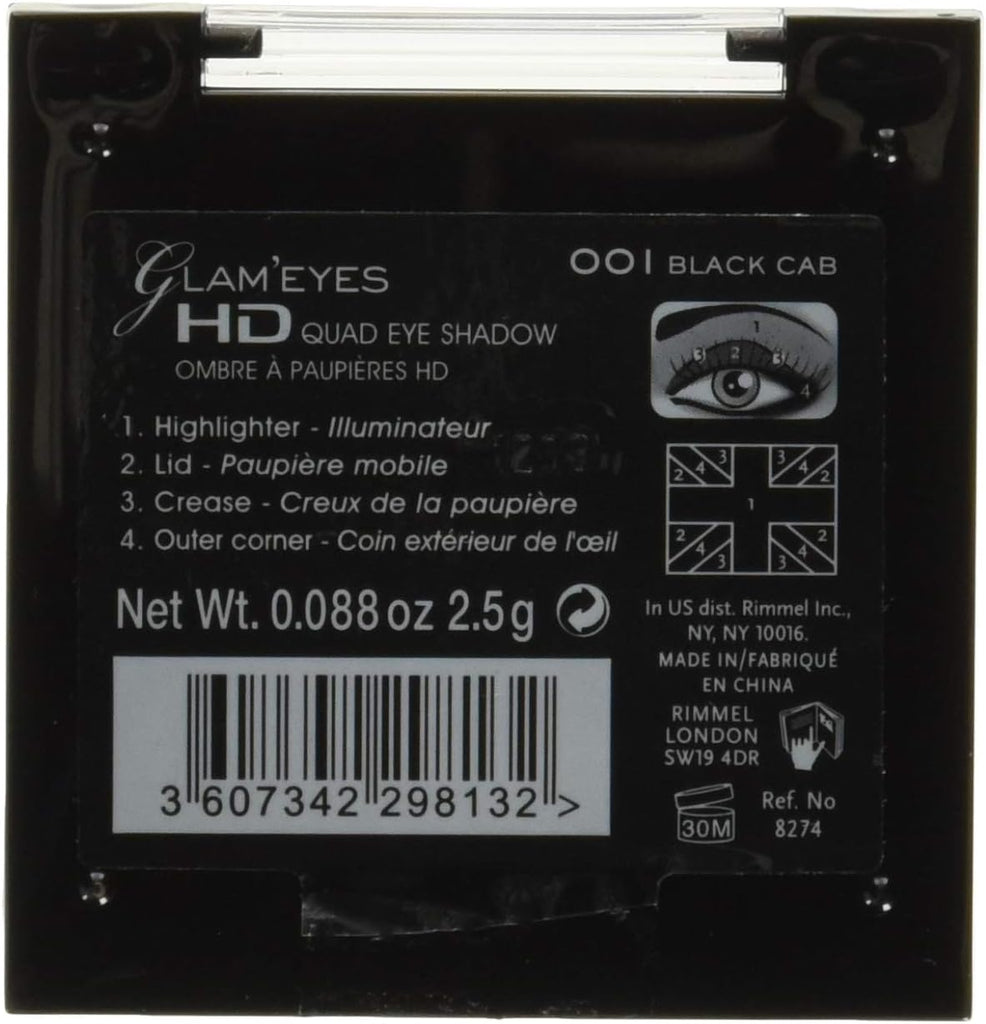 Back view of Rimmel London Glam’Eyes Quad Eyeshadow Black Cab 001 with shade guide