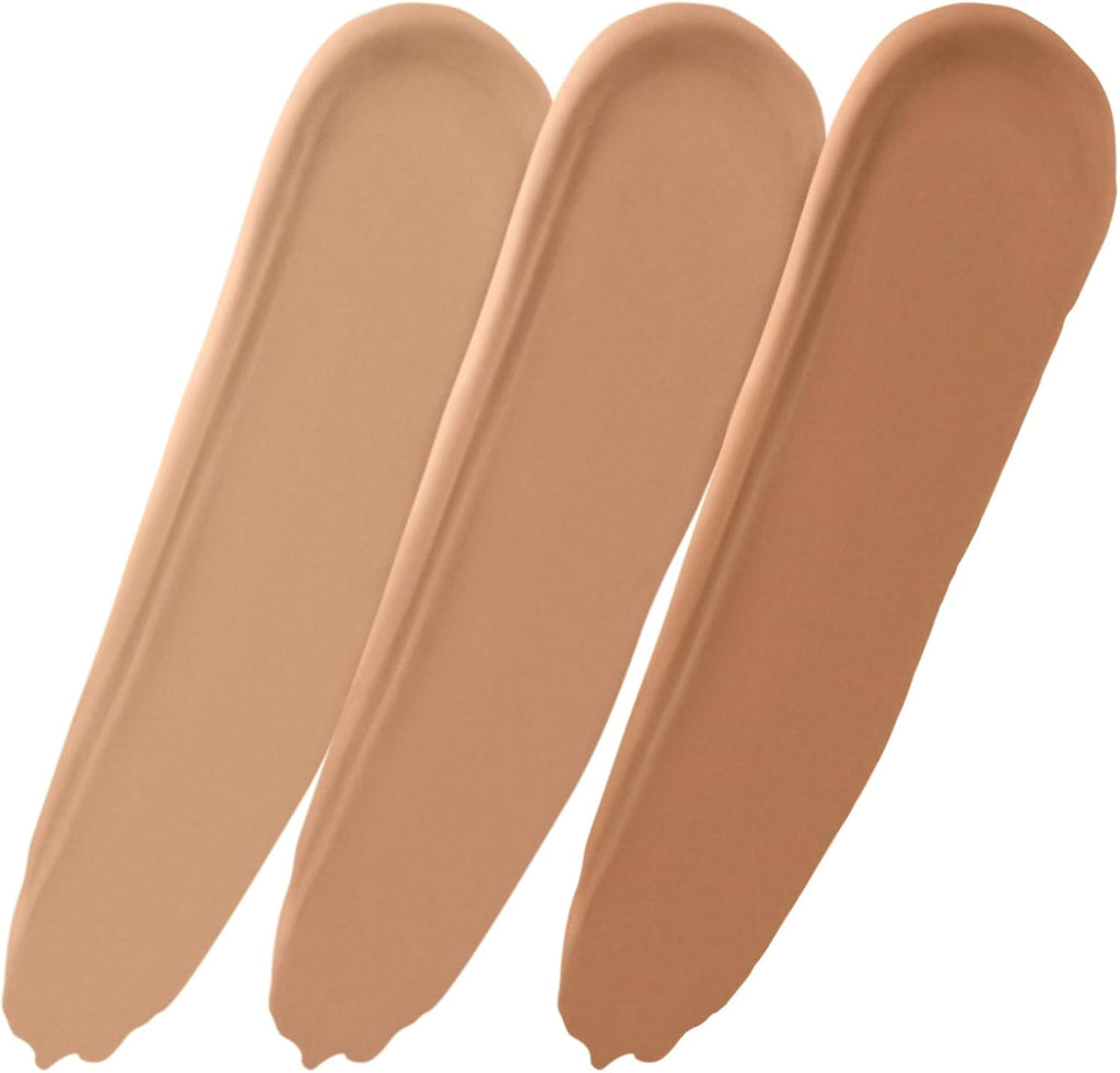 Swatches of Rimmel London Insta Conceal & Contour Palette 020 Medium showing highlight, conceal, and contour shades