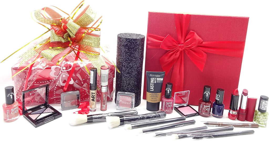 Rimmel London Make Up Glam Gift Set with 15 beauty products on display alongside free Kabuki Brush Set